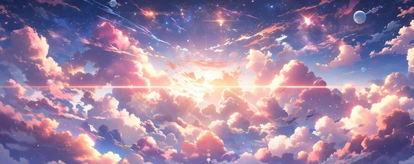 Papier Peint photo autocollant Lavende Colorful Starry Sky with Sunset Background in Anime Style