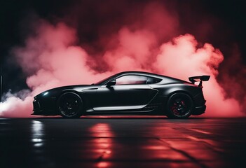 Drifting car on dark black background with red smoke