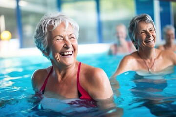 Active senior woman smiling after swim in indoors swimming pool. Does water aerobics.