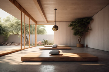 A bright room, minimalistic design with wood mats for calming yoga, a floor-to-ceiling window, the setting sun through the glass and the yard view outside the window.