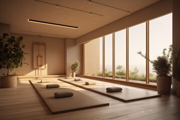 A bright room, minimalistic design with mats for calming yoga, a floor-to-ceiling window, the setting sun through the glass and the exotic view outside the window.
