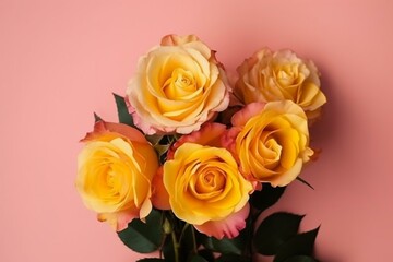 top view of yellow rose bouquet on pink background. Generative AI