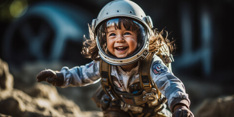 Little American girl pretending to be an astronaut on moon.