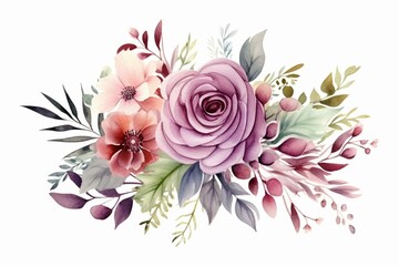 Watercolor bouquet of flowers, leaves, and foliage isolated on white. Bohemian floral frame for wedding invitation or save the date card. Generative AI