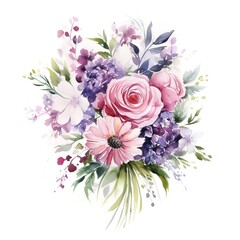 beautiful flower bouquet in watercolor style on white background. Generative AI
