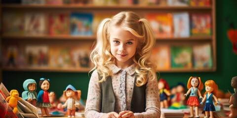 Blonde girl in teacher outfit lecturing to toy doll classroom.