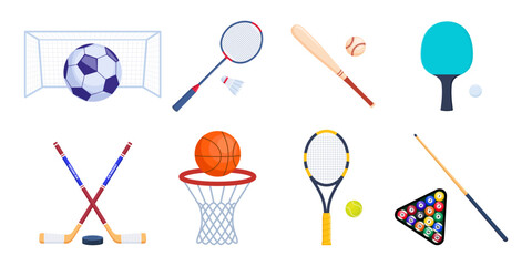 Sports equipment for tennis, badminton, baseball, table tennis, basketball, billiard, soccer, hockey. Rackets, balls, shuttlecock, stick. Vector Illustration.