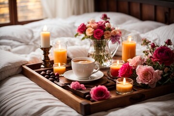 Fototapeta na wymiar Romantic breakfast in bed with coffee, rose flowers, candles and coffee beans