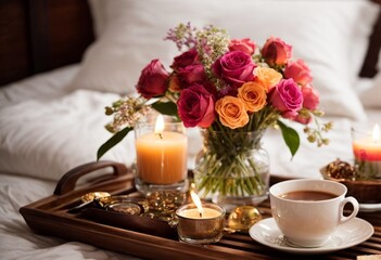 Obraz na płótnie Canvas Romantic breakfast in bed with coffee, rose flowers, candles and coffee beans