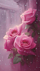 Illustration with pink roses and raindrops.
