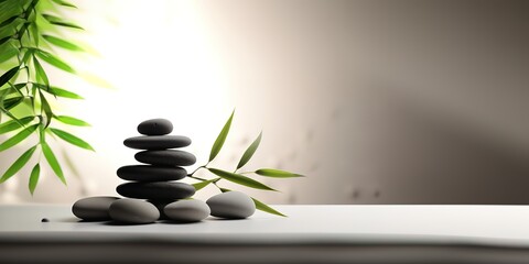 The spa background for a massage place has a stacked stone concept, with calm color nuances. Generative Ai