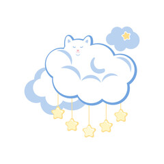 Vector illustration of a cloud in the form of a white fluffy cat. Sleeping cat on a cloud. Garland of stars, good night. Isolated on white background.