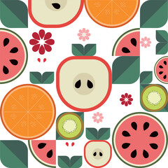 Geometric summer fresh fruit cut artwork poster with colorful simple shapes. 