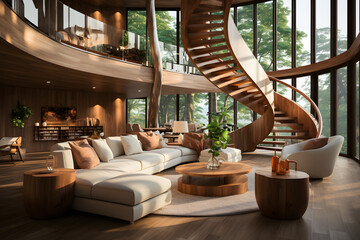 Interior design of modern living room with wooden spiral staircase
