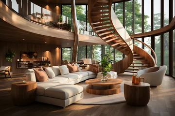 Rolgordijnen Interior design of modern living room with wooden spiral staircase © master graphics 