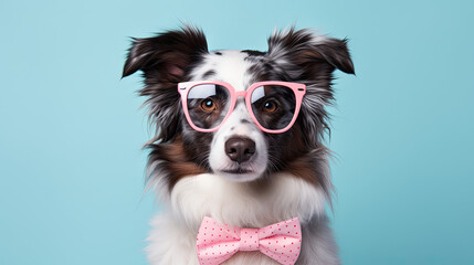 Aussie dog wearing sunglasses and a bow pastel background 