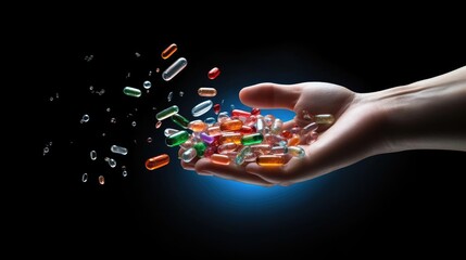 A man's hand holds multi-colored pills