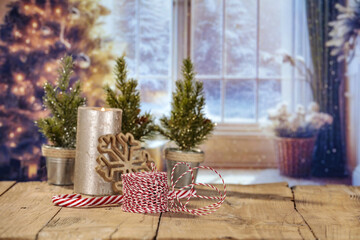 Desk of free space and christmas time. Home inteiror and window background. 