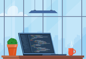 Laptop with cup of coffee and plant in pot. Workplace of coder, online programmer. Coding and programming. Workplace with modern interior, panoramic windows, cityscape behind. Vector illustration.
