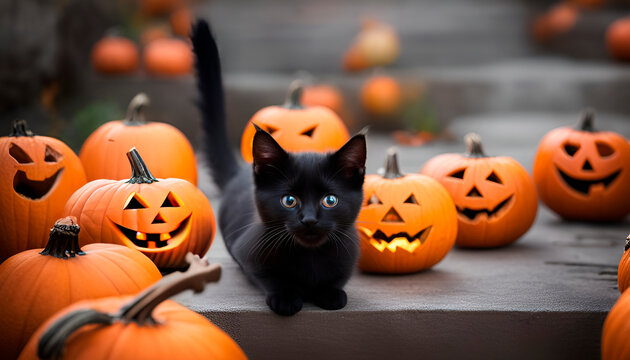 Halloween holidays. Black kitten among autumn pumpkins for Halloween greeting card, jack-o'-lanterns