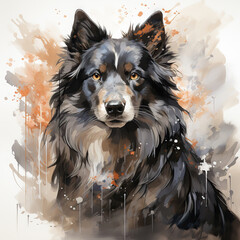 Portrait of a Dog with Artistic Orange Splatter,border collie puppy,Animal Watercolor Illustration