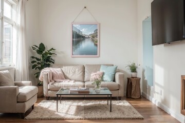Interior mockup with picture frame on a Wall. Living room in pastel colors with sofa and painting on a wall 