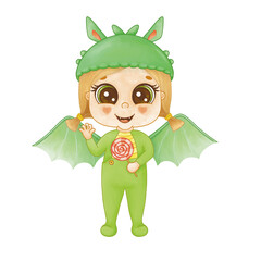 A little girl is a baby in a dinosaur costume. Fancy dress dragon. Cute character on a white background. Digital watercolor.