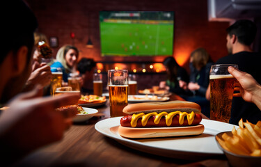 Beer, Soccer, and Hot Dogs: Friends Enjoying the Game on TV with Tasty Bites in a Fun and Exciting Social Gathering.

