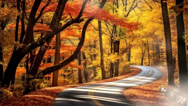 street atmosphere in the middle of the autumn forest, seamless looping video background animation, cartoon anime style