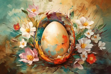 Colorful easter artwork, cracked egg with flowers. Illustration. Generative AI