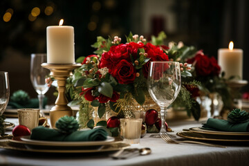 Obraz na płótnie Canvas A classic red and green Christmas table setting, love and creativity with copy space
