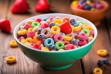 Colorful cereal; high-calorie, fruity, sweet breakfast option for children. Generative AI