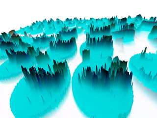 3d exploding turquoise and grey  round shapes on a white background
