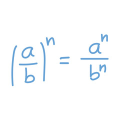 Power of a fraction rule. Exponent power of a quotient. Algebra math formula. Mathematics resources for teachers and students. Vector illustration.