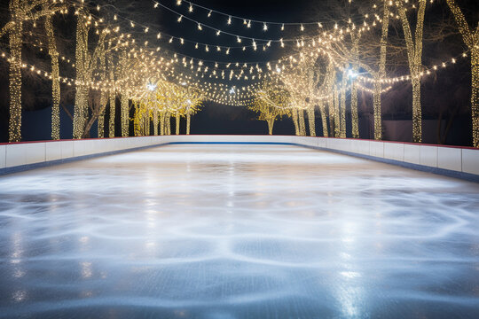 A serene ice-skating rink with colorful holiday lights, love and creativity with copy space