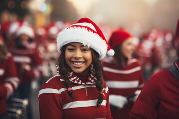 A lively Christmas parade with floats and marching bands, love and creativity with copy space