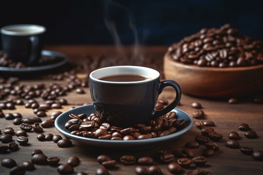 Image of a cup filled with freshly brewed coffee and a scatter of coffee beans on a table. Generative AI