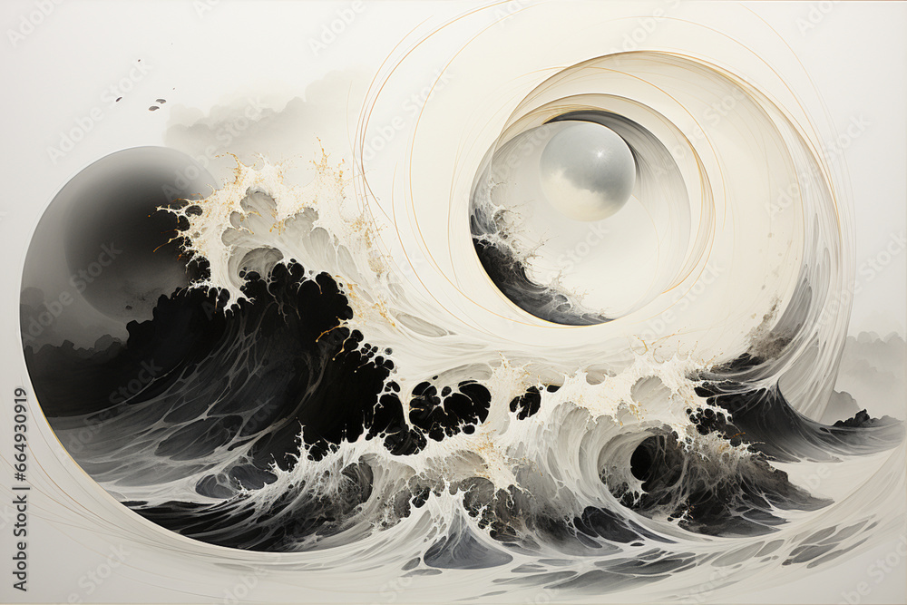 Fototapete a series of abstract drawings capturing the dynamic and fluid nature of a tsunami.