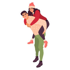 Beautiful romantic couple in winter clothes hugging. Vector illustration of young man and woman isolated on white background.