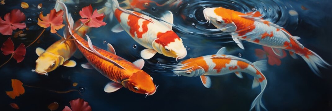 Colorful koi fish gracefully swim in a tranquil pond. This artistic illustration showcases the beauty of East Asian traditions and nature. Perfect for adding an oriental touch to any project.