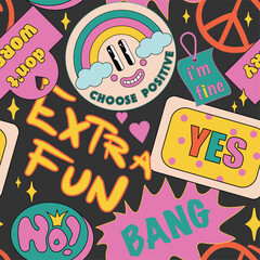 90 Cool Sticker Collage seamless Pattern. Millennium, Funky Background with Retro Colour Patches. Cartoon Fun Smile Faces, y2k Vector Illustration. . Vector illustration