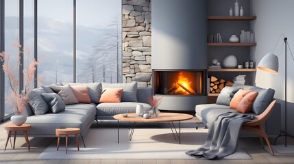 Interior design of scandinavian living room with fireplace and gray sofa