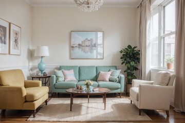 Interior mockup with picture frame on a Wall. Living room in pastel colors with sofa and painting on a wall 