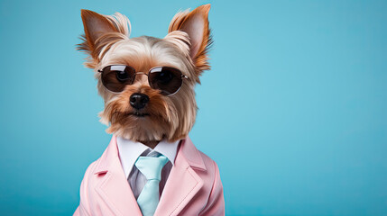 Yorkie dog wearing sunglasses, tie and costume on a pastel background 