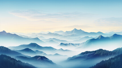 A misty morning view of a mountain range.