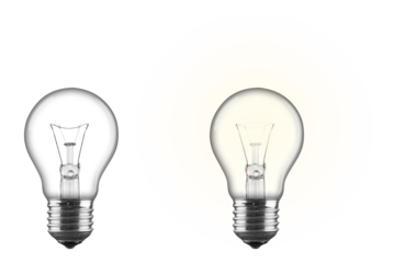 Set collection of transparent classic light bulb switched on and off isolated white background. lighbulb energy idea business concept