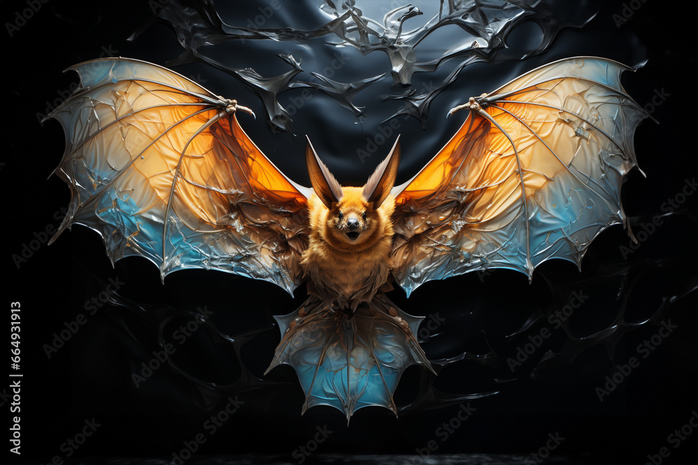 Wall mural an image of a bat in flight, with its wings fully extended, displaying the intricate web of skin and