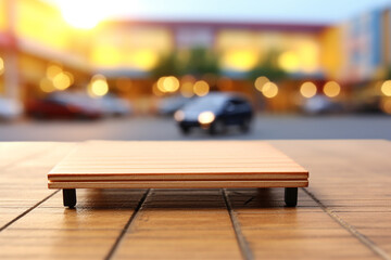 Top of surface wooden table with blurred parking lot   background.