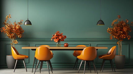 Interior design with wooden round table and chairs. Modern dining room with green and orange wall....