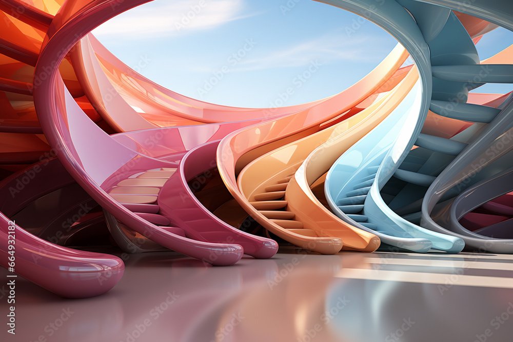 Fototapete The image showcases the interplay between sharp angles, smooth curves, and metallic textures, creating a visually captivating and modern interpretation of stairs. 